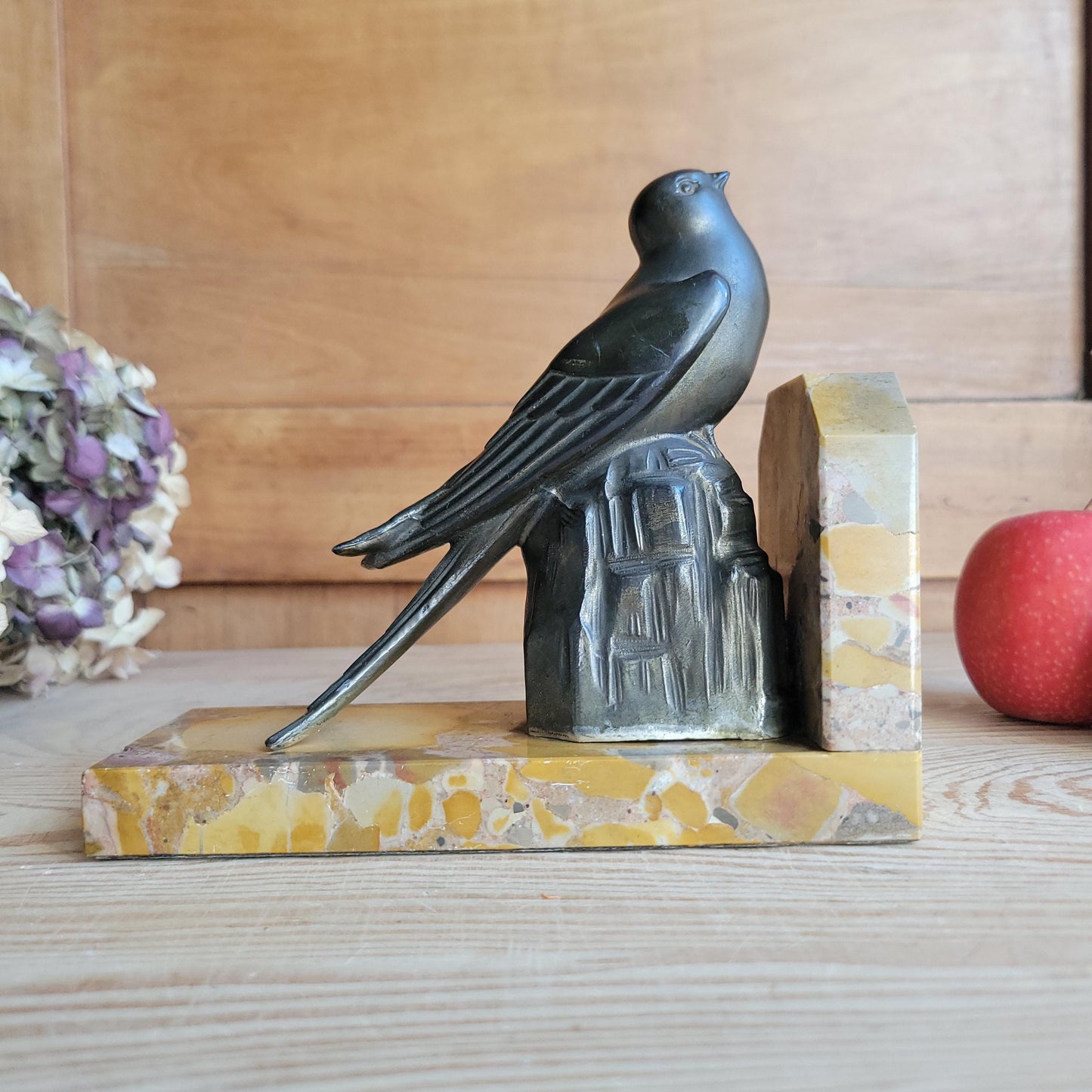 Swallow bird vintage bookend French Art Deco c 1920, bronze on marble base