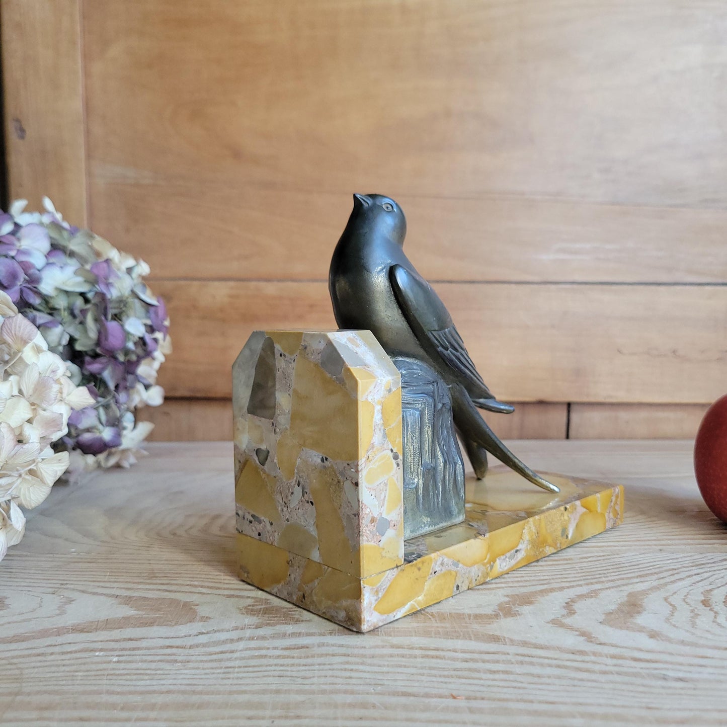 Swallow bird vintage bookend French Art Deco c 1920, bronze on marble base
