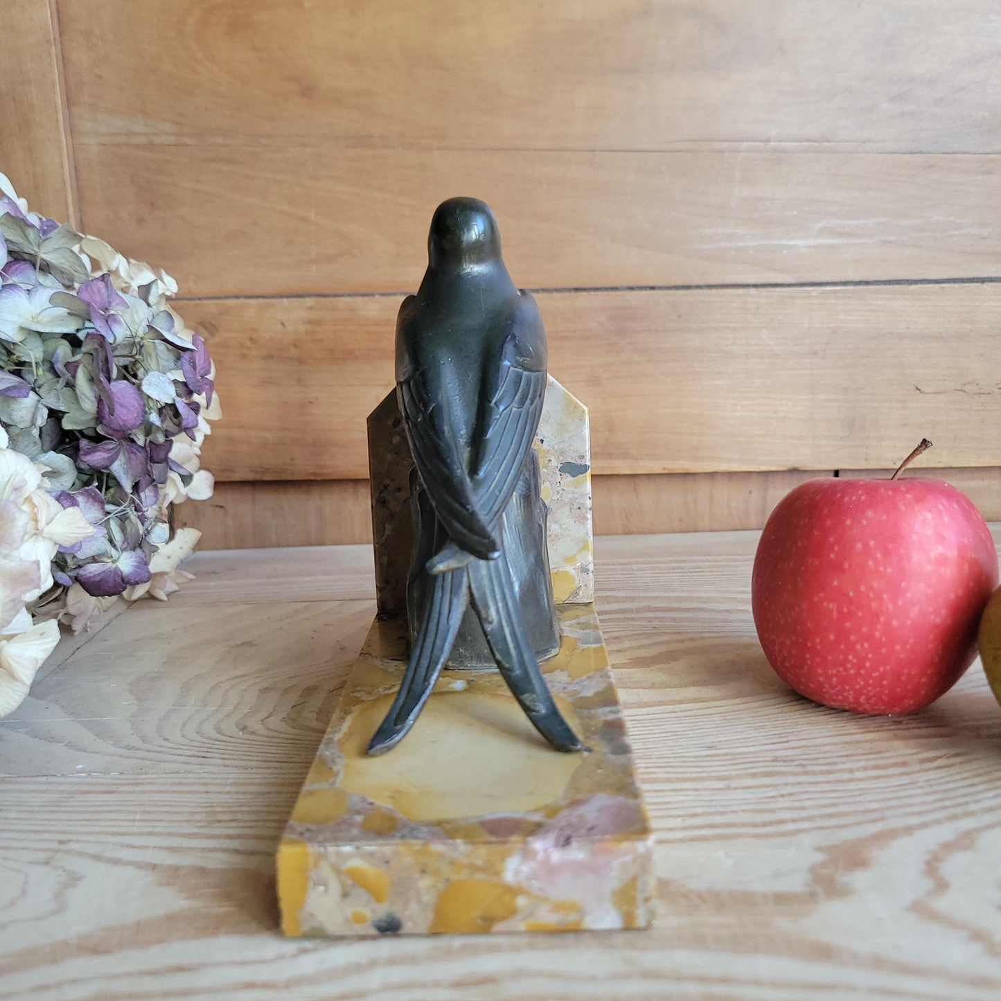 Swallow bird vintage bookend French Art Deco c 1920, bronze on marble base