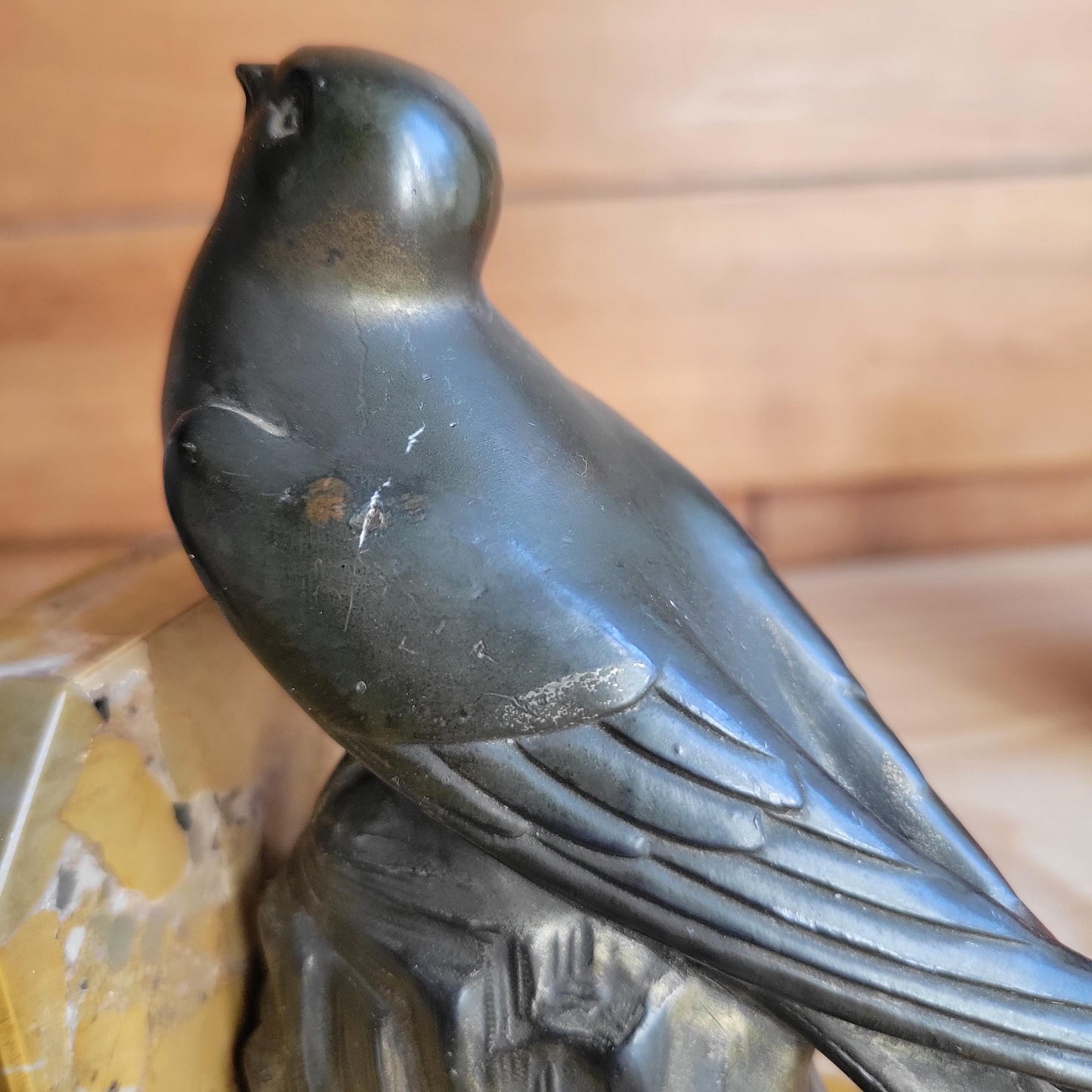 Swallow bird vintage bookend French Art Deco c 1920, bronze on marble base