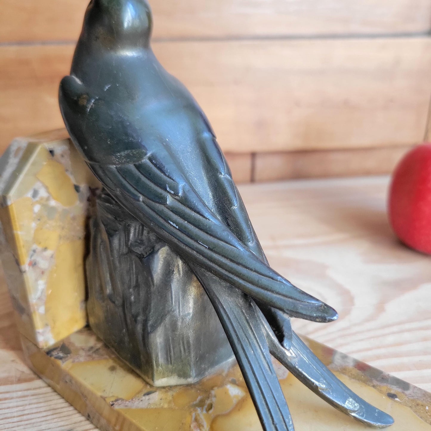 Swallow bird vintage bookend French Art Deco c 1920, bronze on marble base