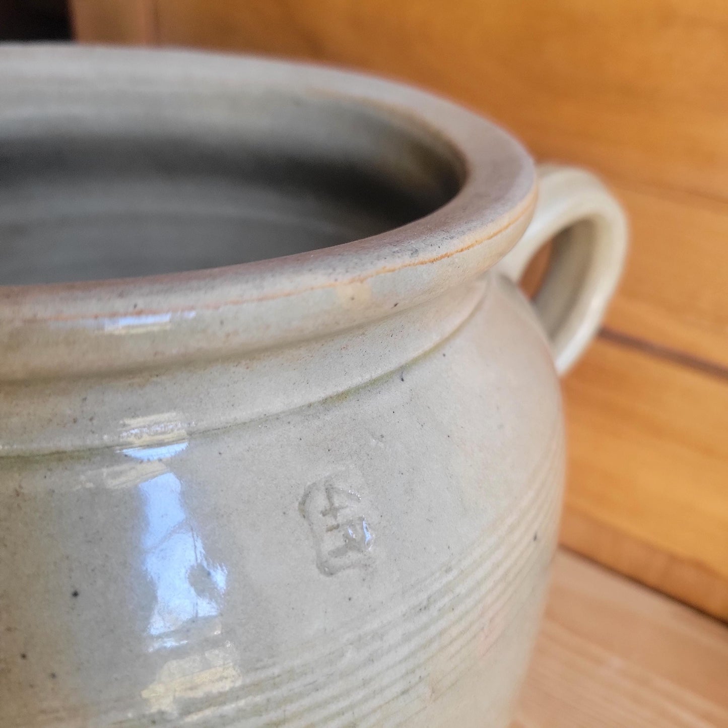 Antique French Confit Pot - Glazed 2-handled vintage stoneware, greige, early 1900s