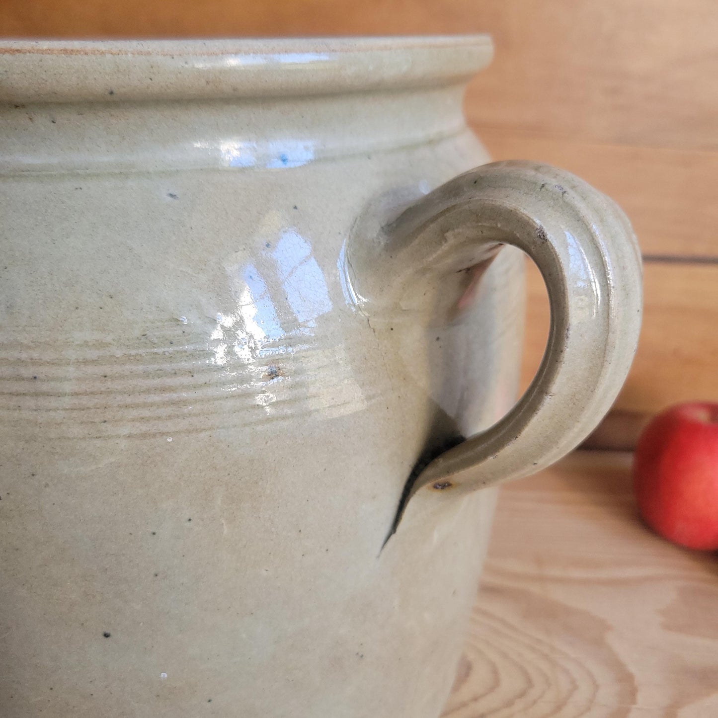 Antique French Confit Pot - Glazed 2-handled vintage stoneware, greige, early 1900s