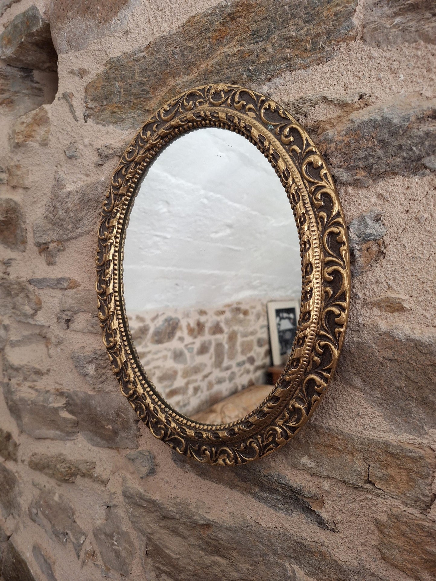 Antique French Gilt Metal Oval Mirror Ornate Frame c1920 Small Wall Mirror