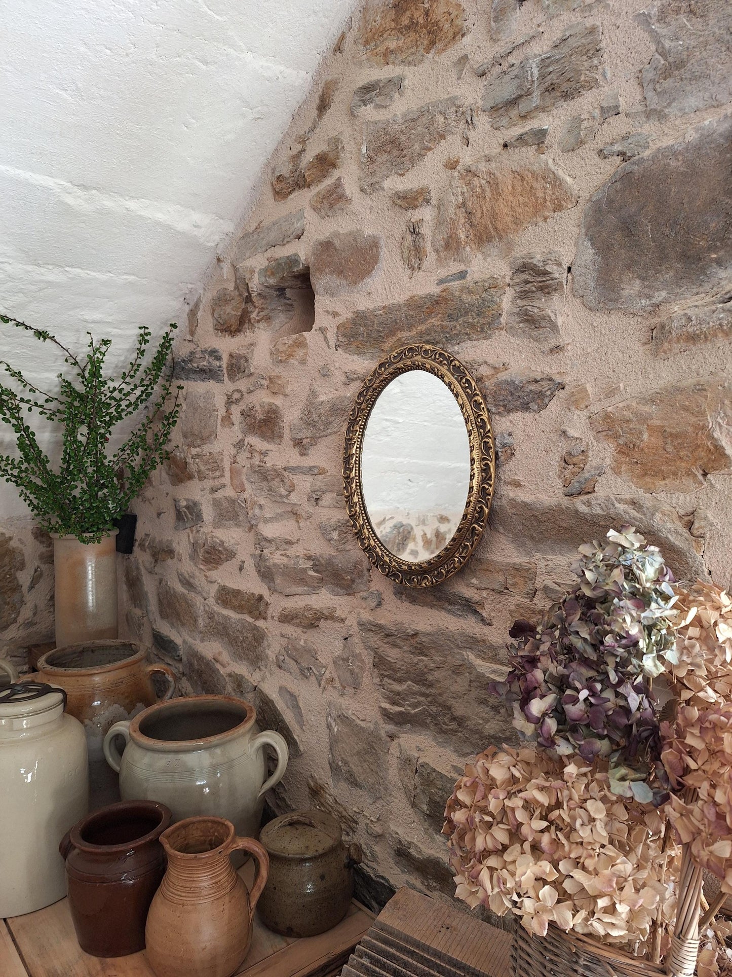 Antique French Gilt Metal Oval Mirror Ornate Frame c1920 Small Wall Mirror