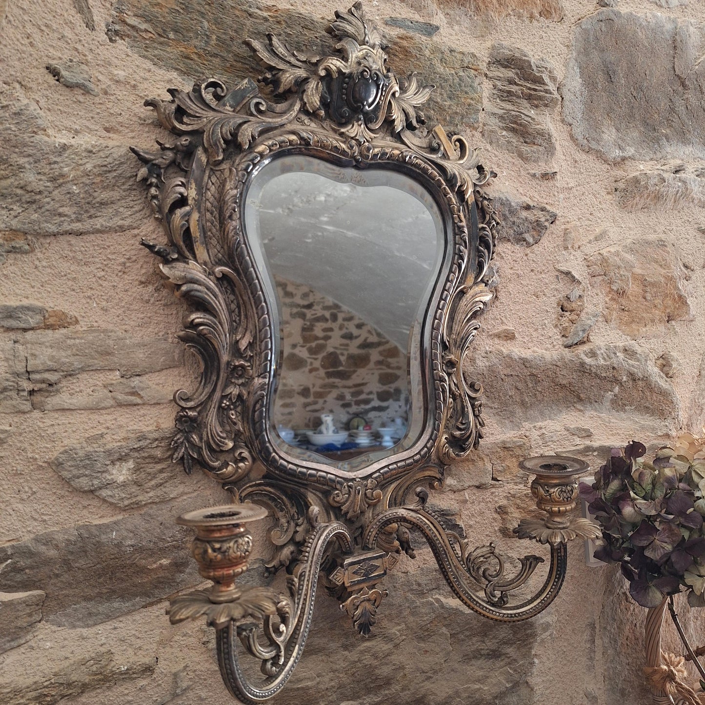Antique French ornate Metal Mirror with twin candelabras, c1900