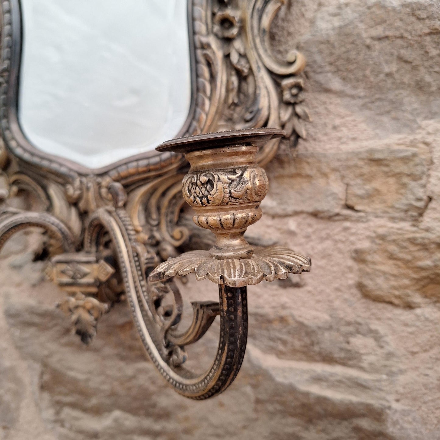 Antique French ornate Metal Mirror with twin candelabras, c1900