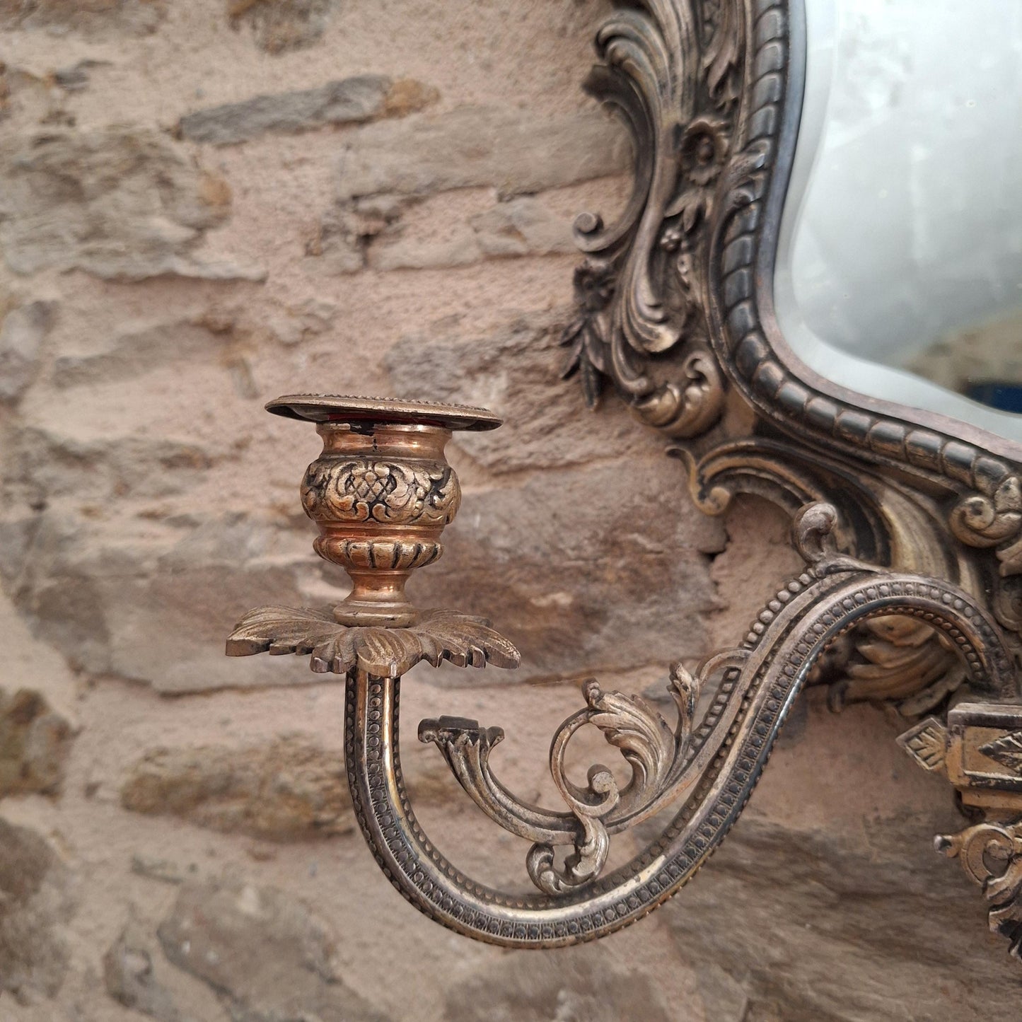 Antique French ornate Metal Mirror with twin candelabras, c1900