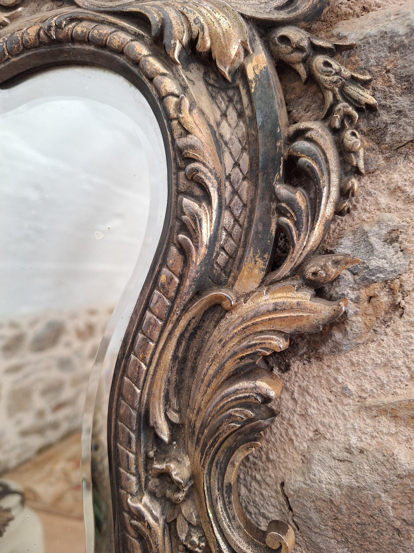 Antique French ornate Metal Mirror with twin candelabras, c1900