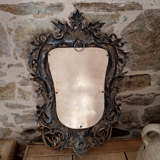 Antique French ornate Metal Mirror with twin candelabras, c1900