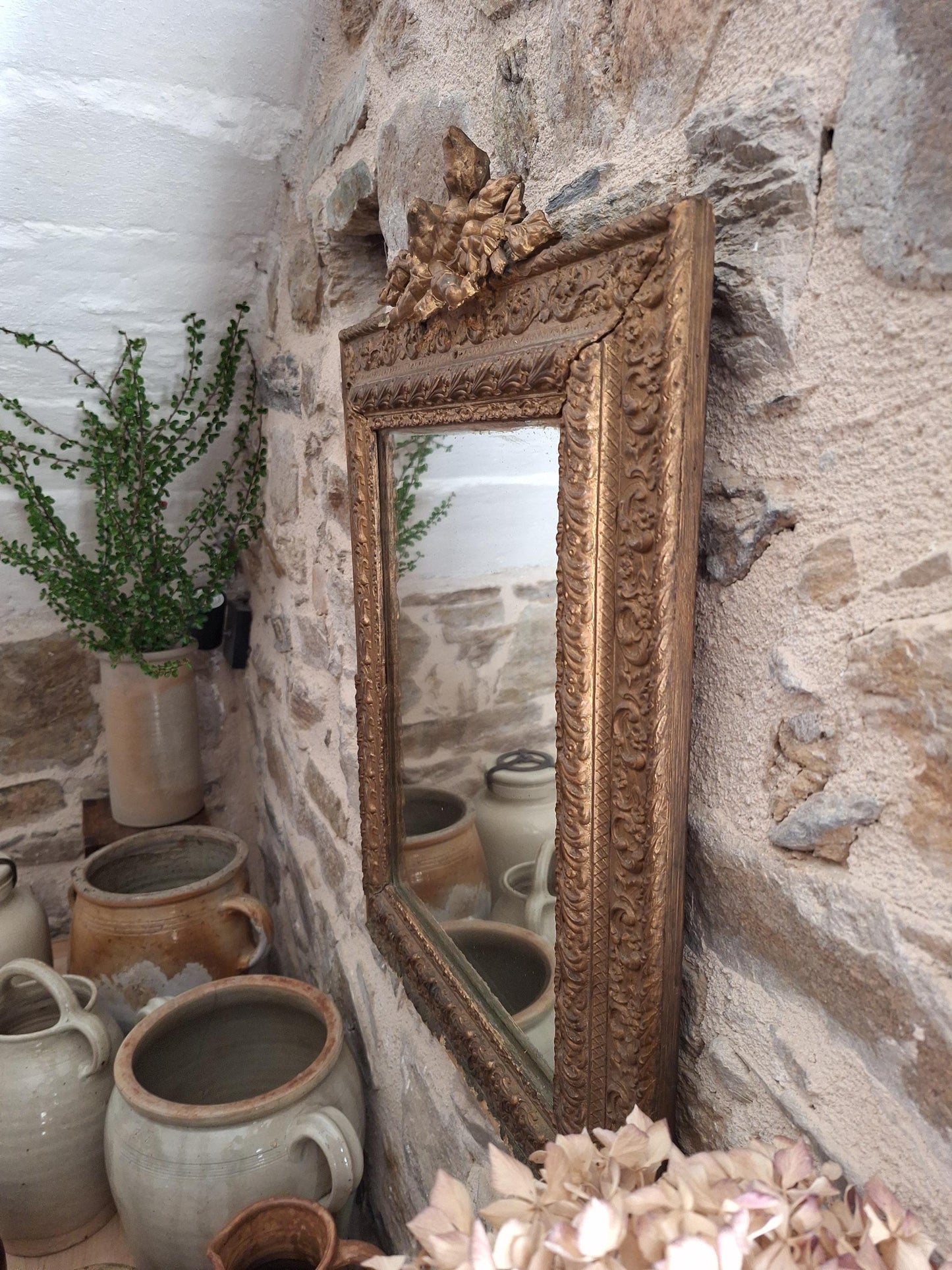 Antique French Rectangular Mirror Ornate Frame Birds Flowers c1900