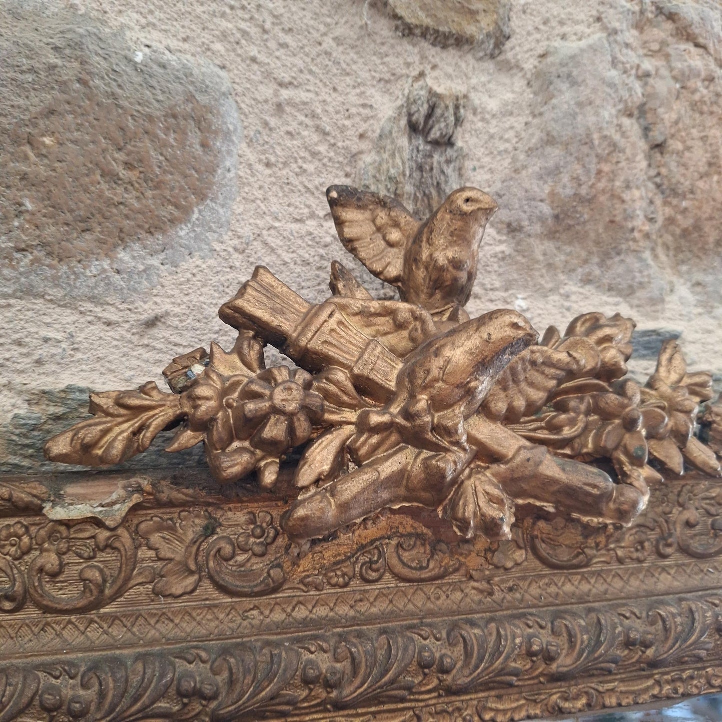 Antique French Rectangular Mirror Ornate Frame Birds Flowers c1900