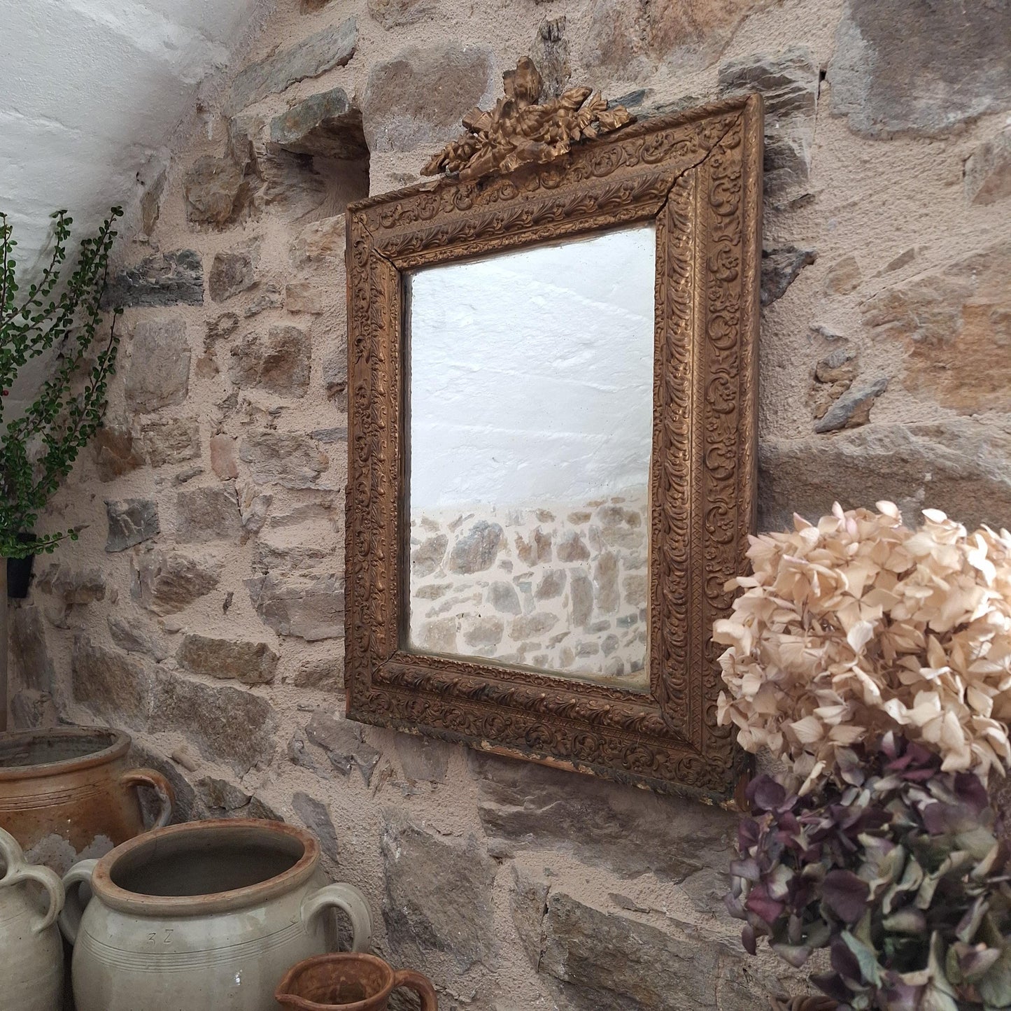 Antique French Rectangular Mirror Ornate Frame Birds Flowers c1900