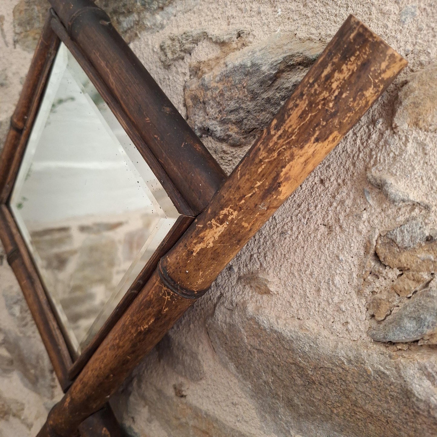 Antique French Bamboo Mirror Diamond Shape c1900 Wall Mirror