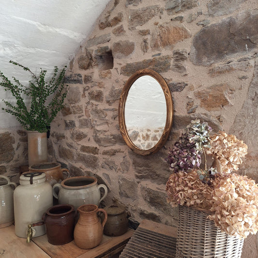 Antique French Oval Mirror wood and plaster Frame Cross Motif c1920 Wall Mirror