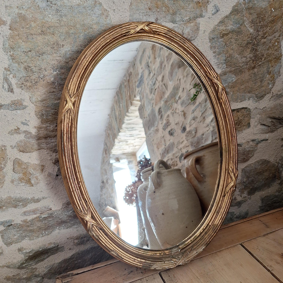 Antique French Oval Mirror wood and plaster Frame Cross Motif c1920 Wall Mirror