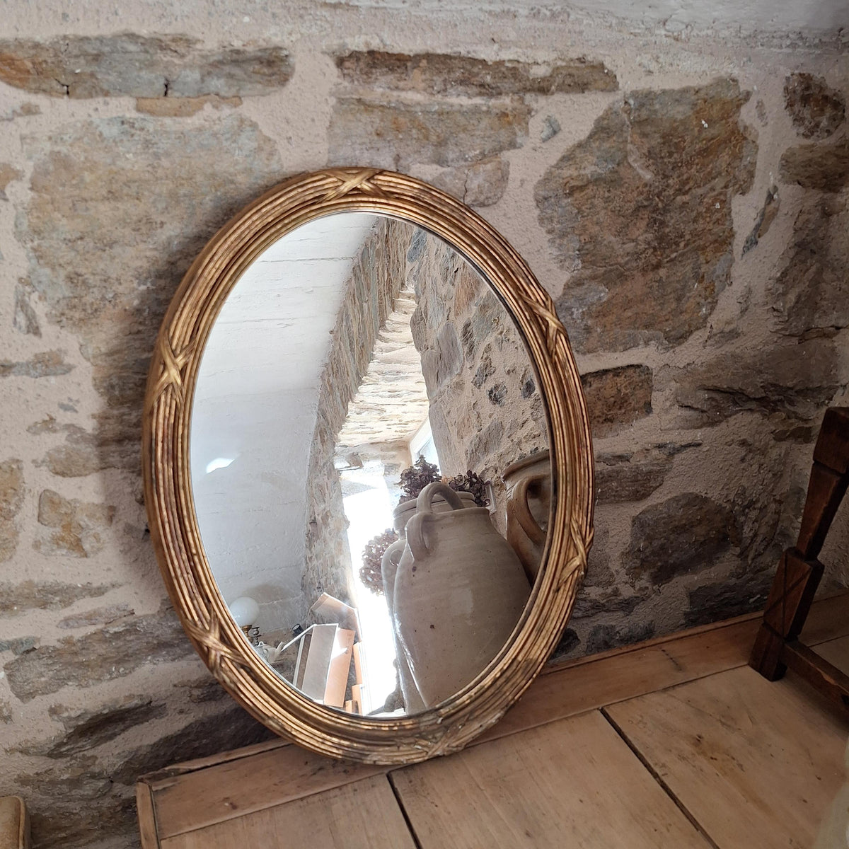 Antique French Oval Mirror wood and plaster Frame Cross Motif c1920 Wall Mirror