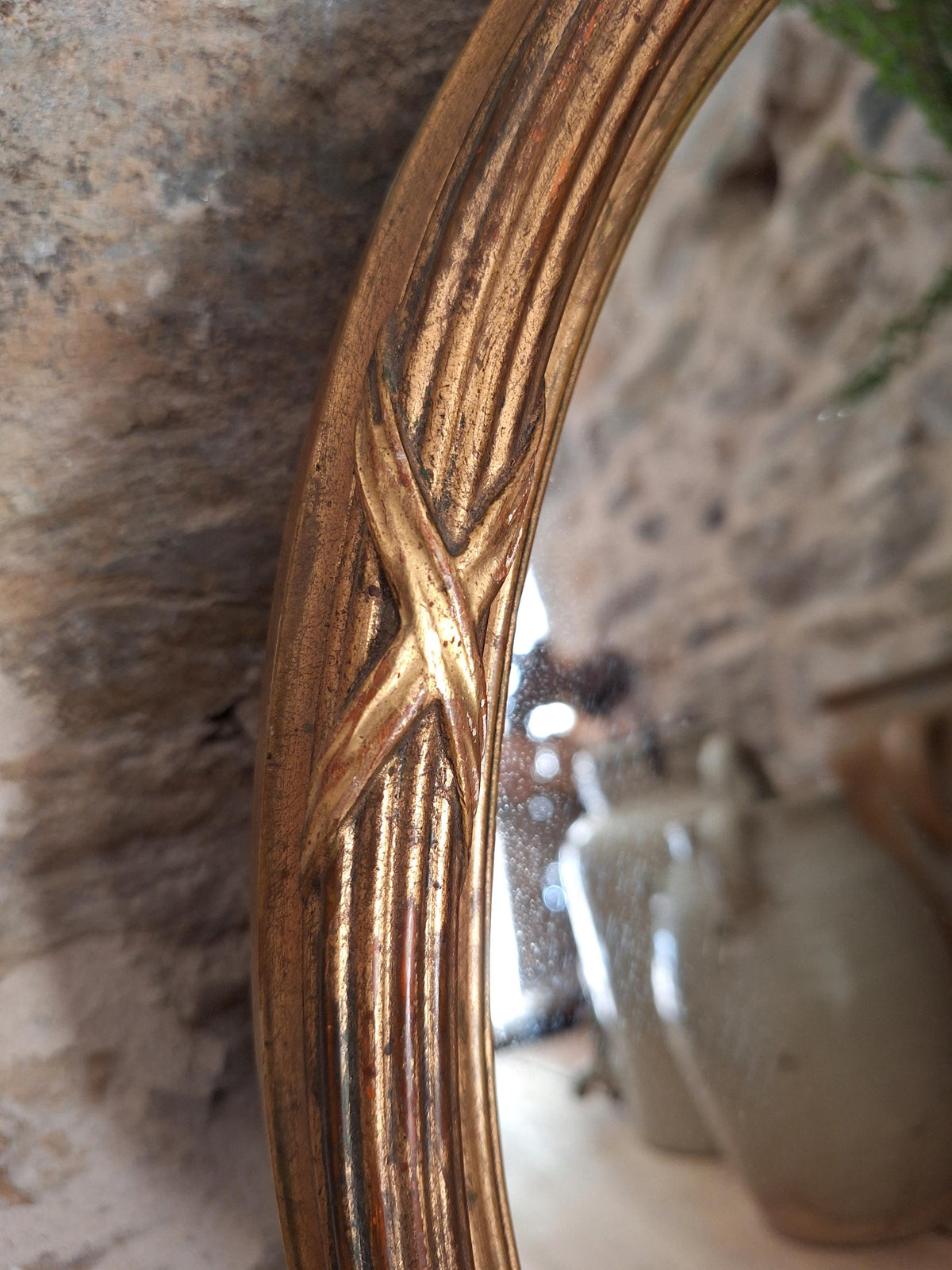 Antique French Oval Mirror wood and plaster Frame Cross Motif c1920 Wall Mirror
