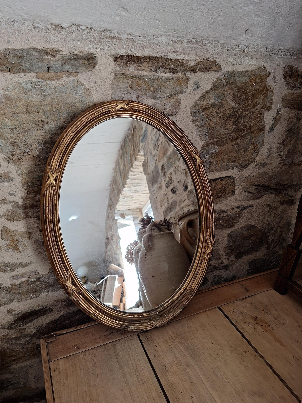 Antique French Oval Mirror wood and plaster Frame Cross Motif c1920 Wall Mirror