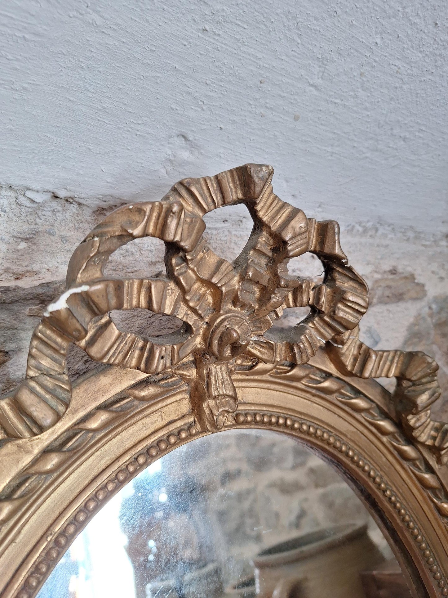 Antique French Oval Mirror with Ribbon Motif Moulding, Gilt Wood Plaster Frame c1890, Medium Size