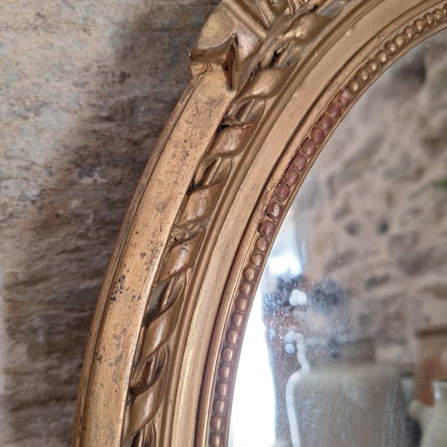 Antique French Oval Mirror with Ribbon Motif Moulding, Gilt Wood Plaster Frame c1890, Medium Size