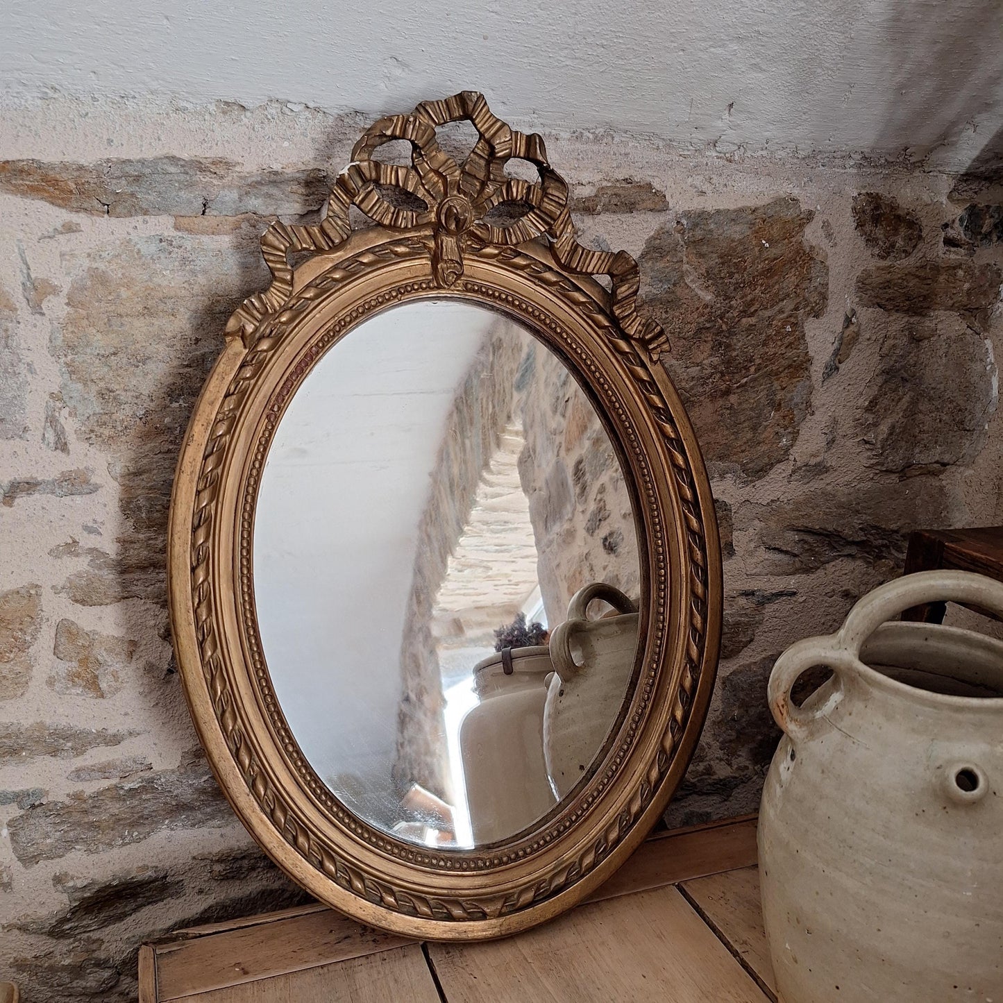 Antique French Oval Mirror with Ribbon Motif Moulding, Gilt Wood Plaster Frame c1890, Medium Size