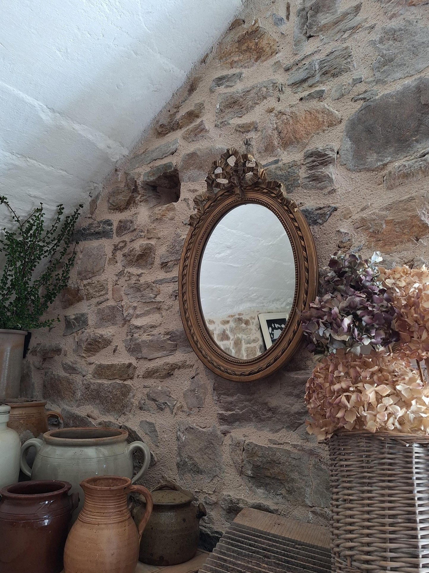 Antique French Oval Mirror with Ribbon Motif Moulding, Gilt Wood Plaster Frame c1890, Medium Size