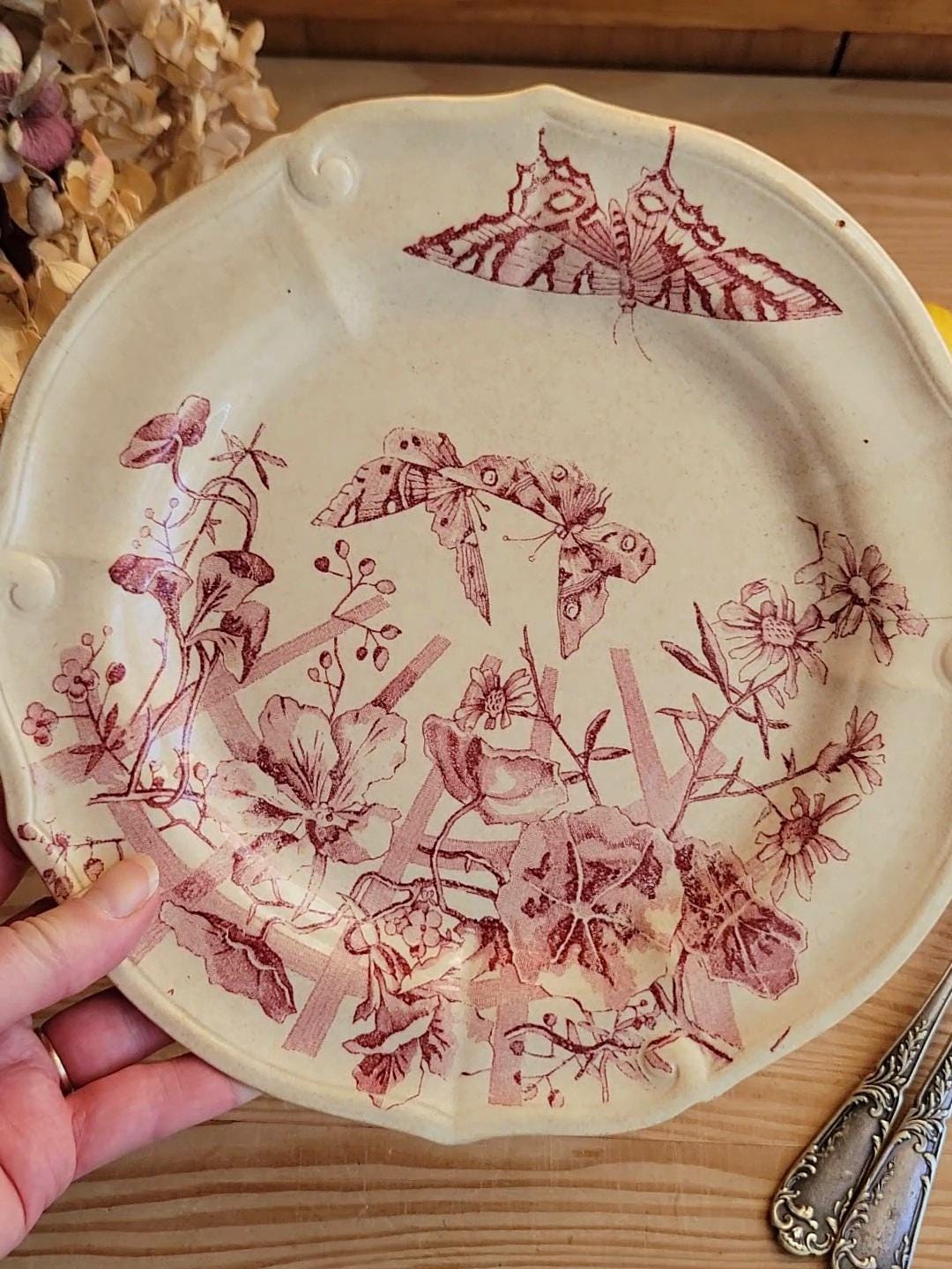 Antique Red Transferware Dinner Plate with Butterflies and Floral Motif, France c.1890