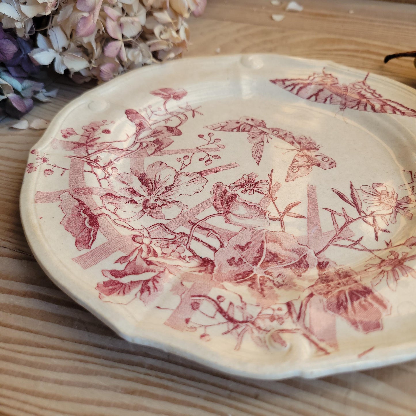 Antique Red Transferware Dinner Plate with Butterflies and Floral Motif, France c.1890