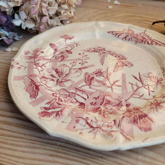 Antique Red Transferware Dinner Plate with Butterflies and Floral Motif, France c.1890