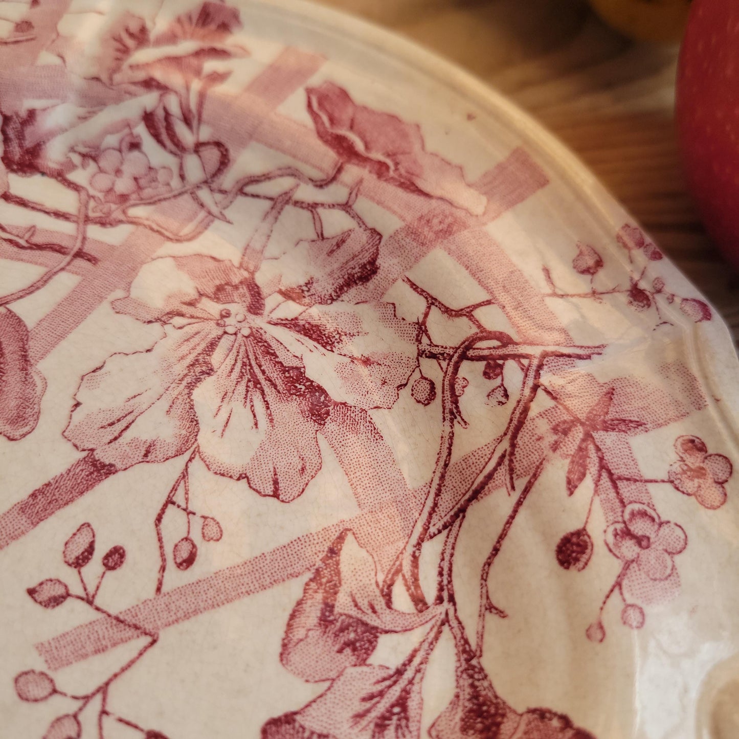 Antique Red Transferware Dinner Plate with Butterflies and Floral Motif, France c.1890