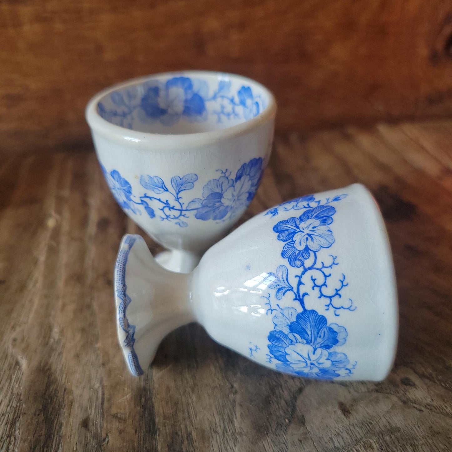 PAIR Sarreguemines 'Geranium' Vintage Egg Cups: Blue Transferware, c 1880 (Set of 2)