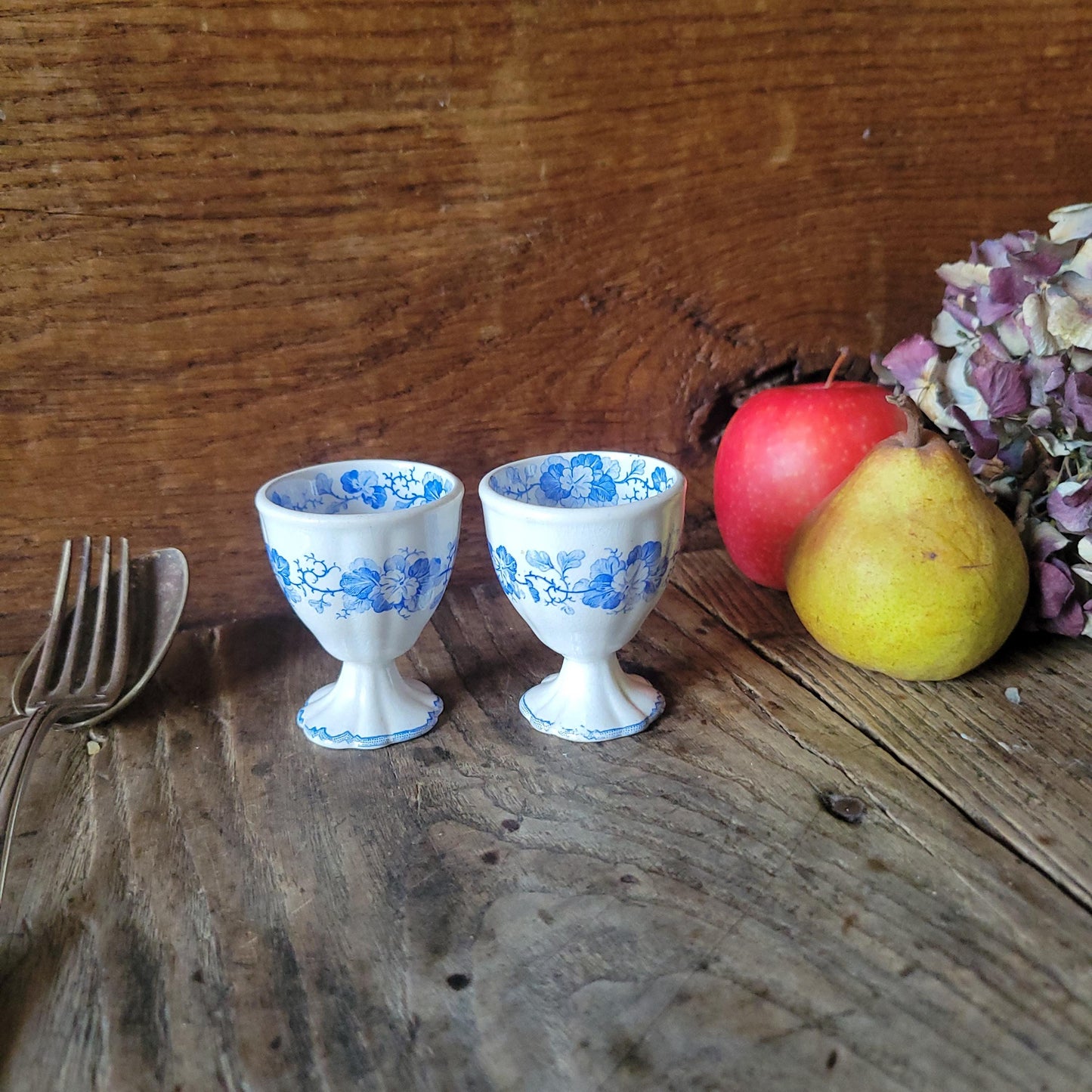 PAIR Sarreguemines 'Geranium' Vintage Egg Cups: Blue Transferware, c 1880 (Set of 2)