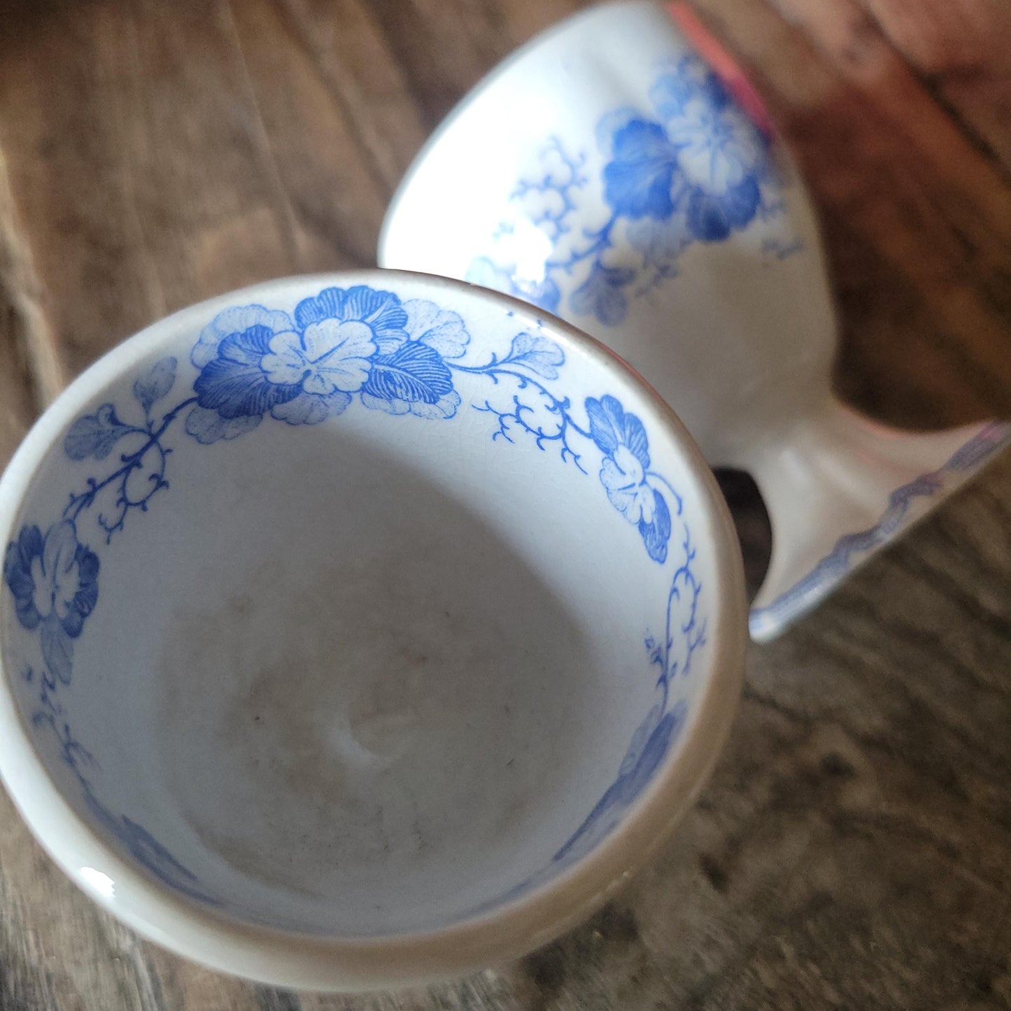 PAIR Sarreguemines 'Geranium' Vintage Egg Cups: Blue Transferware, c 1880 (Set of 2)