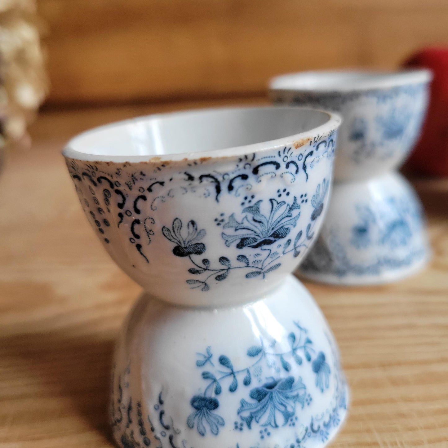 PAIR of Saint Amand 'Regence' Vintage Egg Cups: Blue Transferware, c 1900 (Set of 2)