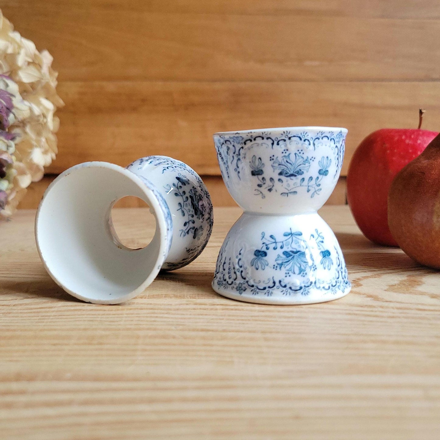 PAIR of Saint Amand 'Regence' Vintage Egg Cups: Blue Transferware, c 1900 (Set of 2)