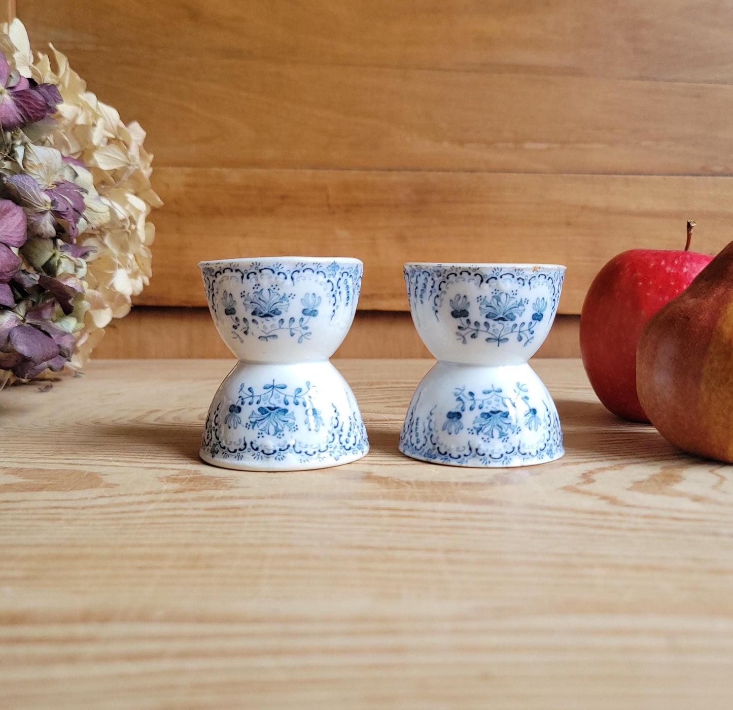 PAIR of Saint Amand 'Regence' Vintage Egg Cups: Blue Transferware, c 1900 (Set of 2)