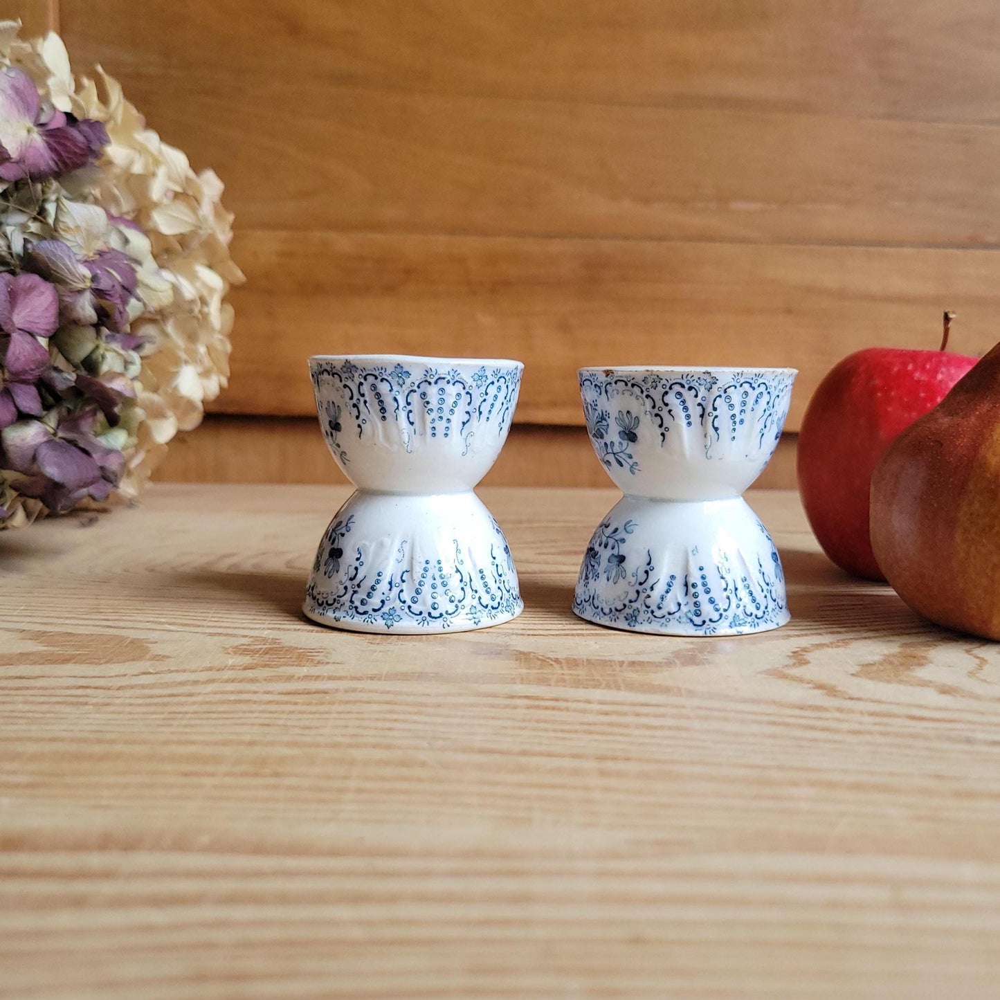 PAIR of Saint Amand 'Regence' Vintage Egg Cups: Blue Transferware, c 1900 (Set of 2)