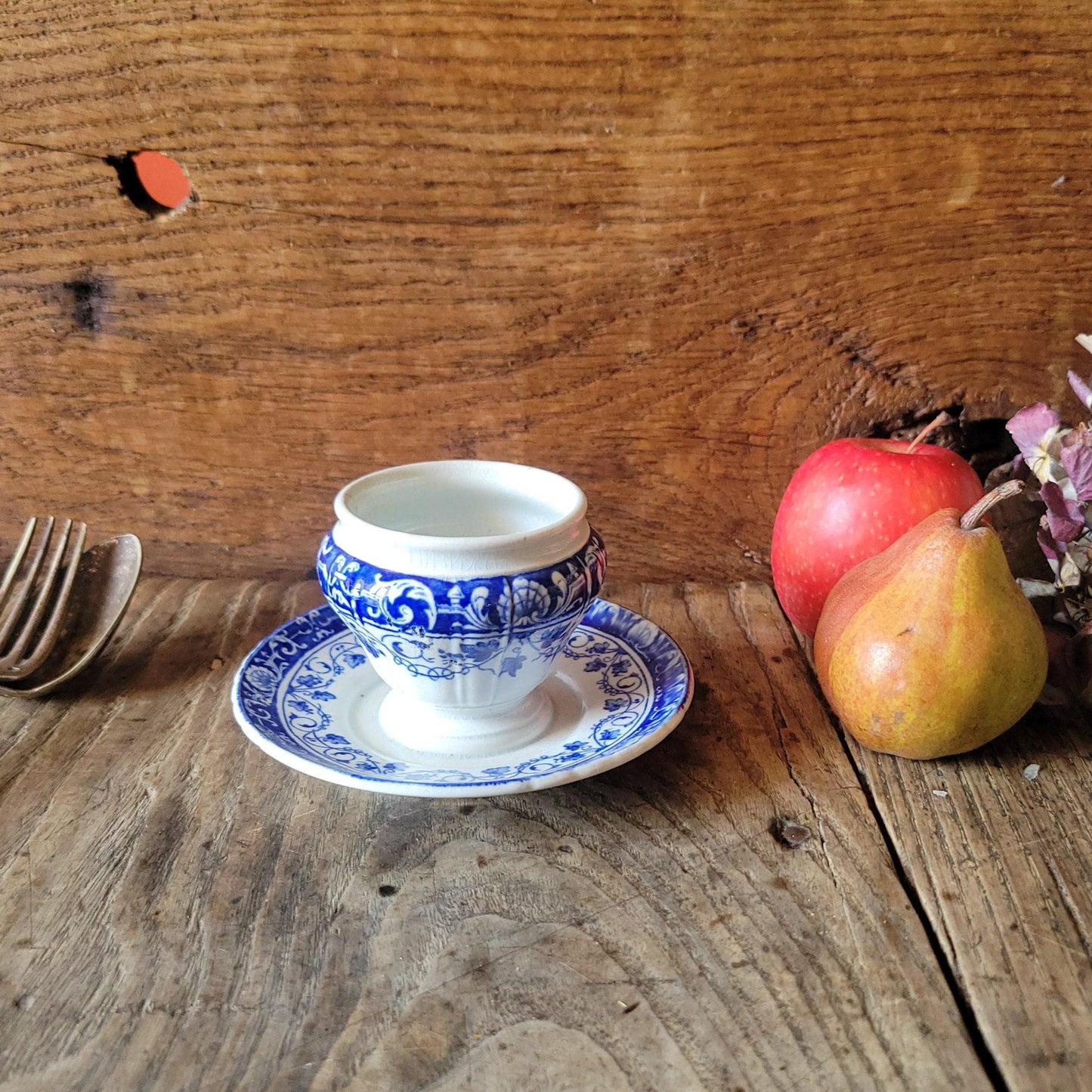 French antique cobalt blue transferware moutardier - Jules Vieillard & Co. Bordeaux, mid 19th C, France
