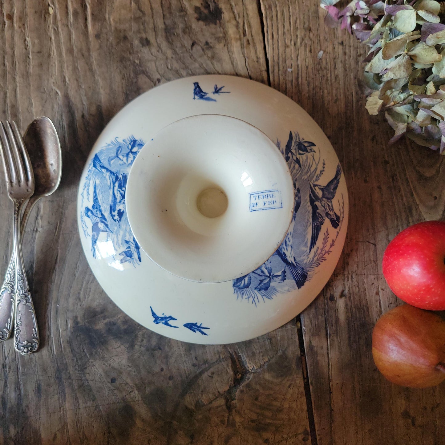 Antique French Clairefontaine Compotier - Cake Stand, Shabby Blue Transferware, Ironstone c1886