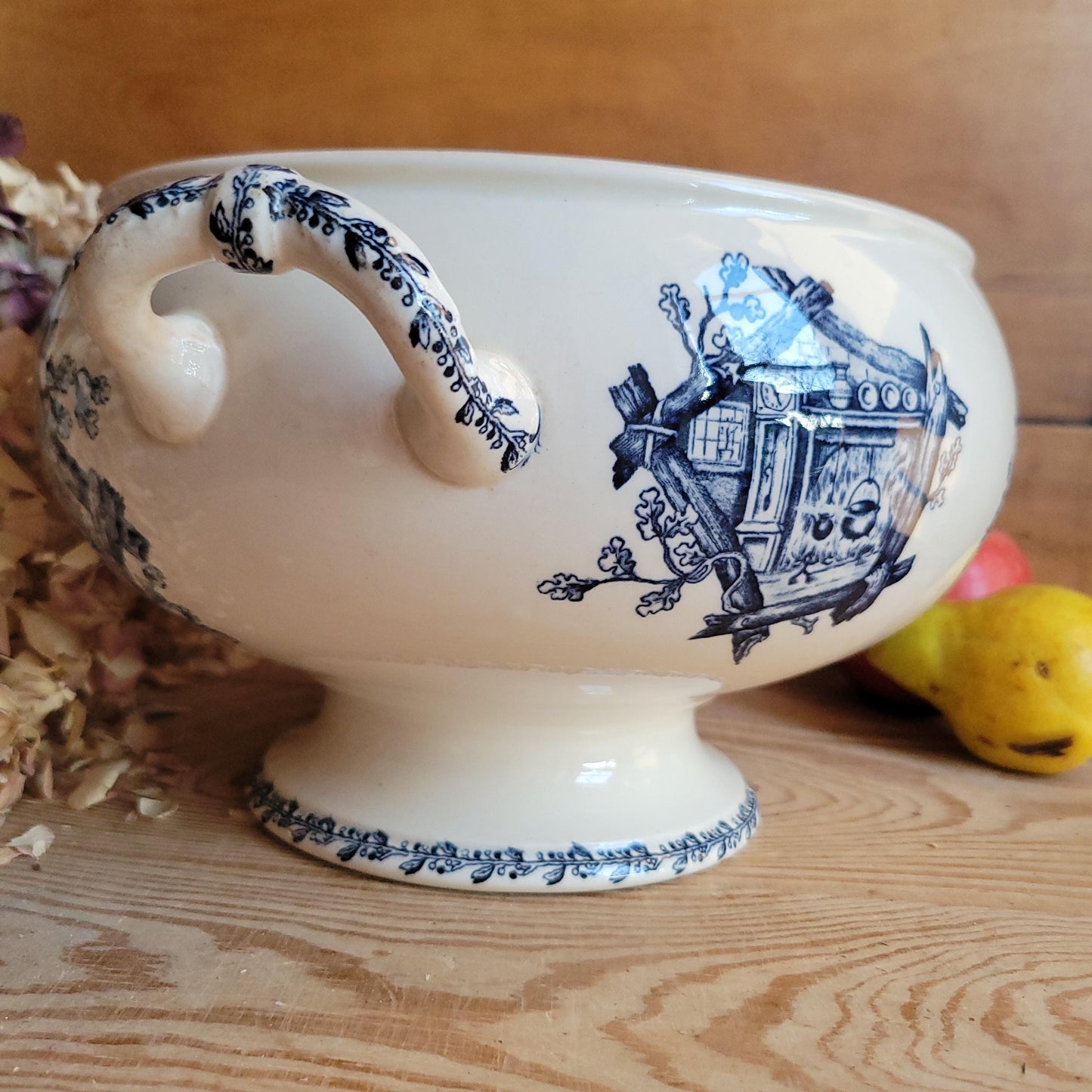 Antique Blue and White Transferware Soupière for Paris Department Store, France c.1900