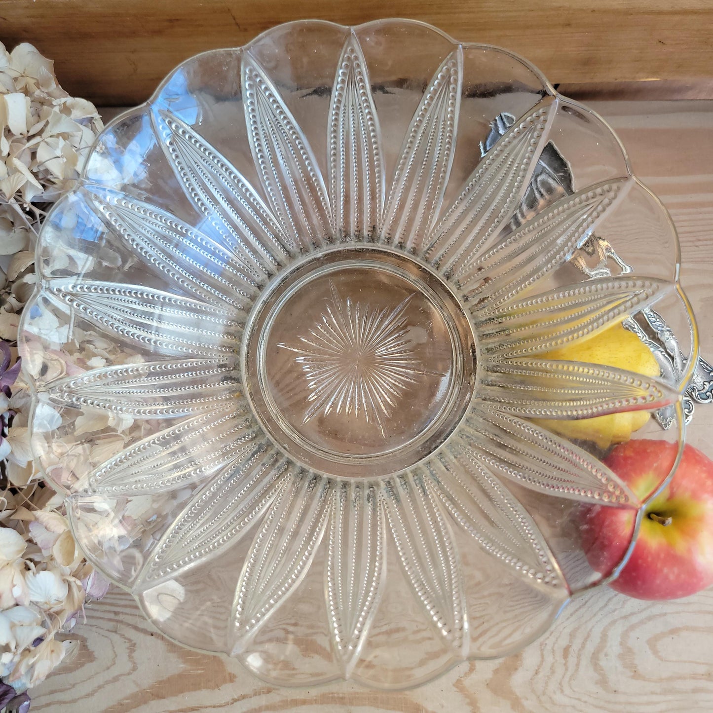Antique Glass Fruit Bowl with Cast Metal Foot, France c.1910
