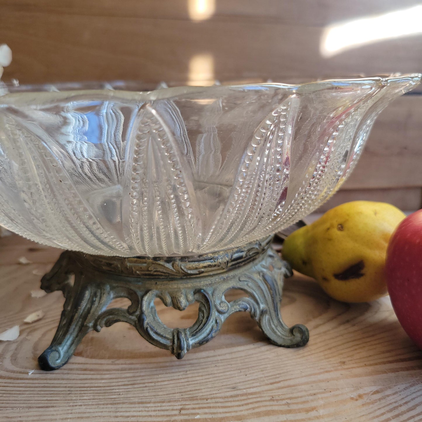 Antique Glass Fruit Bowl with Cast Metal Foot, France c.1910
