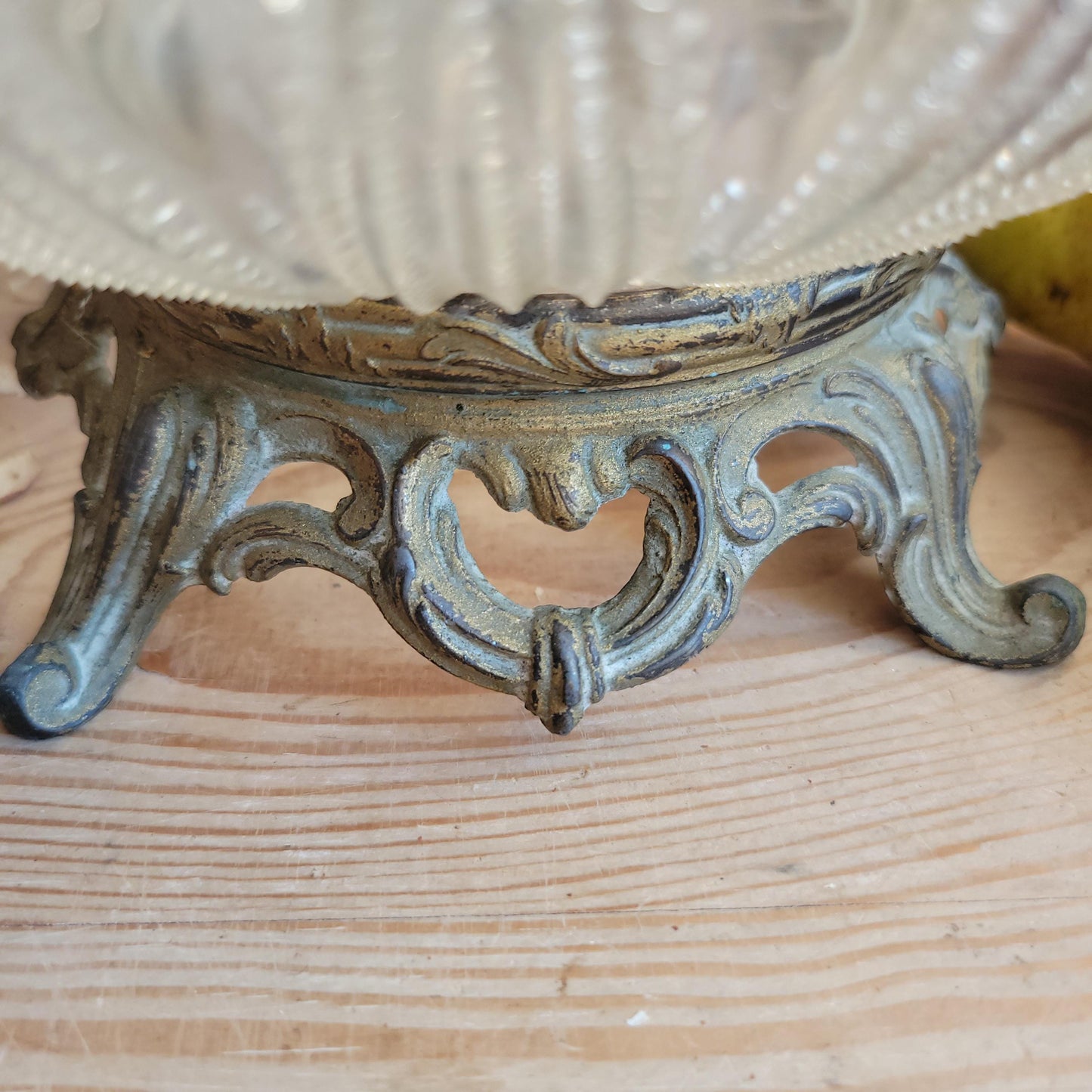 Antique Glass Fruit Bowl with Cast Metal Foot, France c.1910