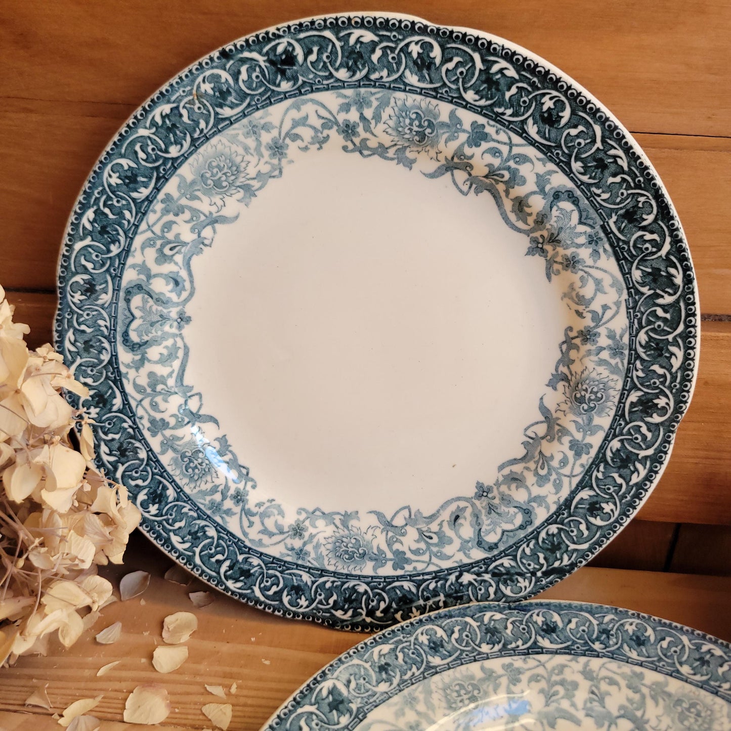 Pair of Choisy-le-Roi Dessert Plates, Teal Transferware with Scalloped Rims, France c.1890