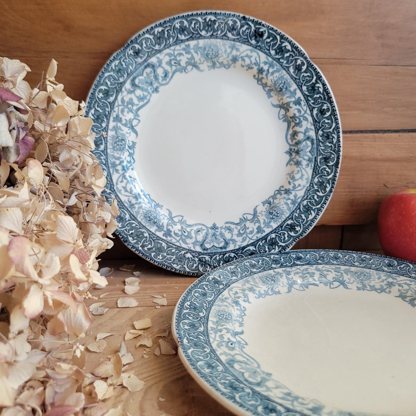 Pair of Choisy-le-Roi Dessert Plates, Teal Transferware with Scalloped Rims, France c.1890