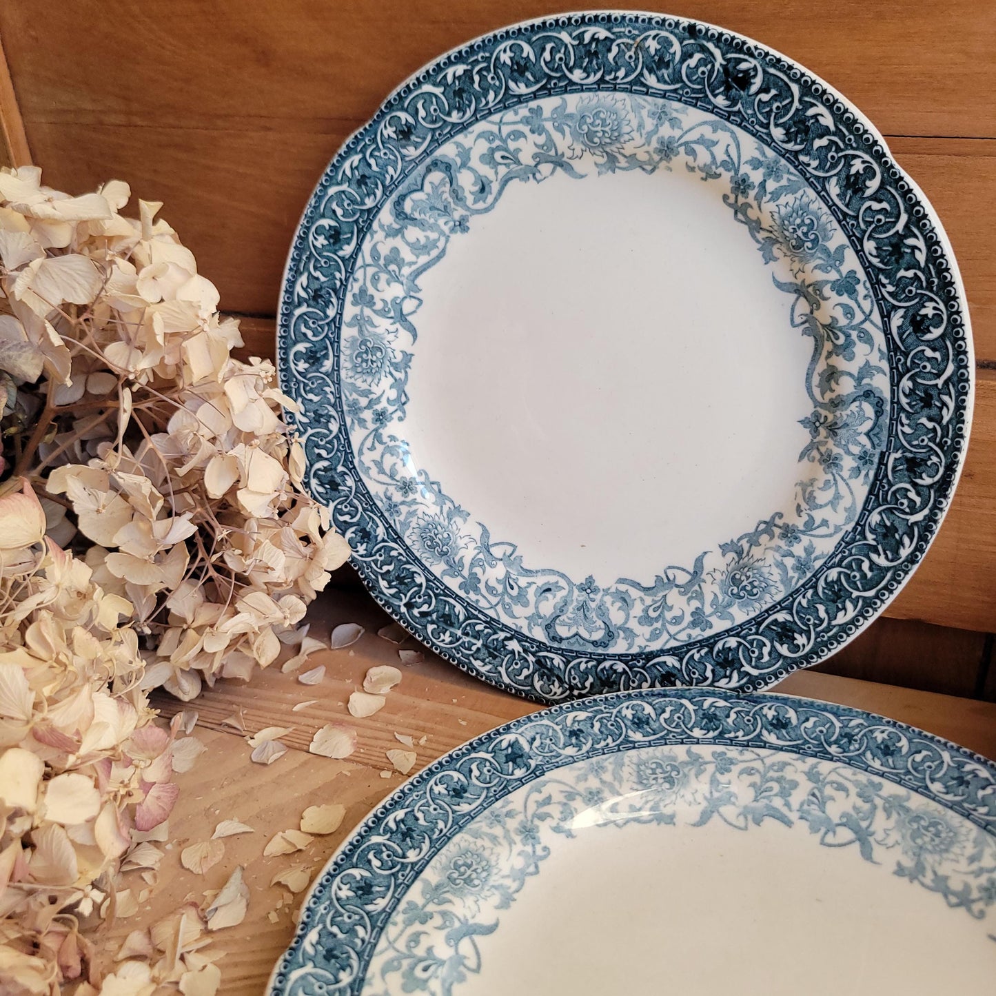 Pair of Choisy-le-Roi Dessert Plates, Teal Transferware with Scalloped Rims, France c.1890