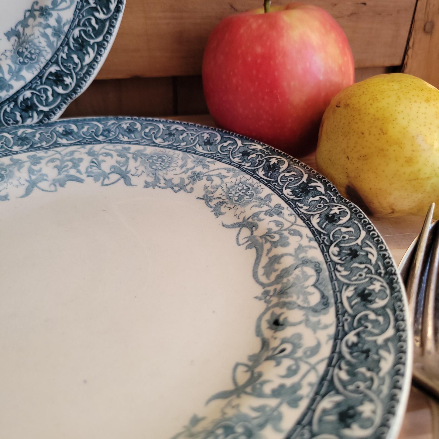 Pair of Choisy-le-Roi Dessert Plates, Teal Transferware with Scalloped Rims, France c.1890
