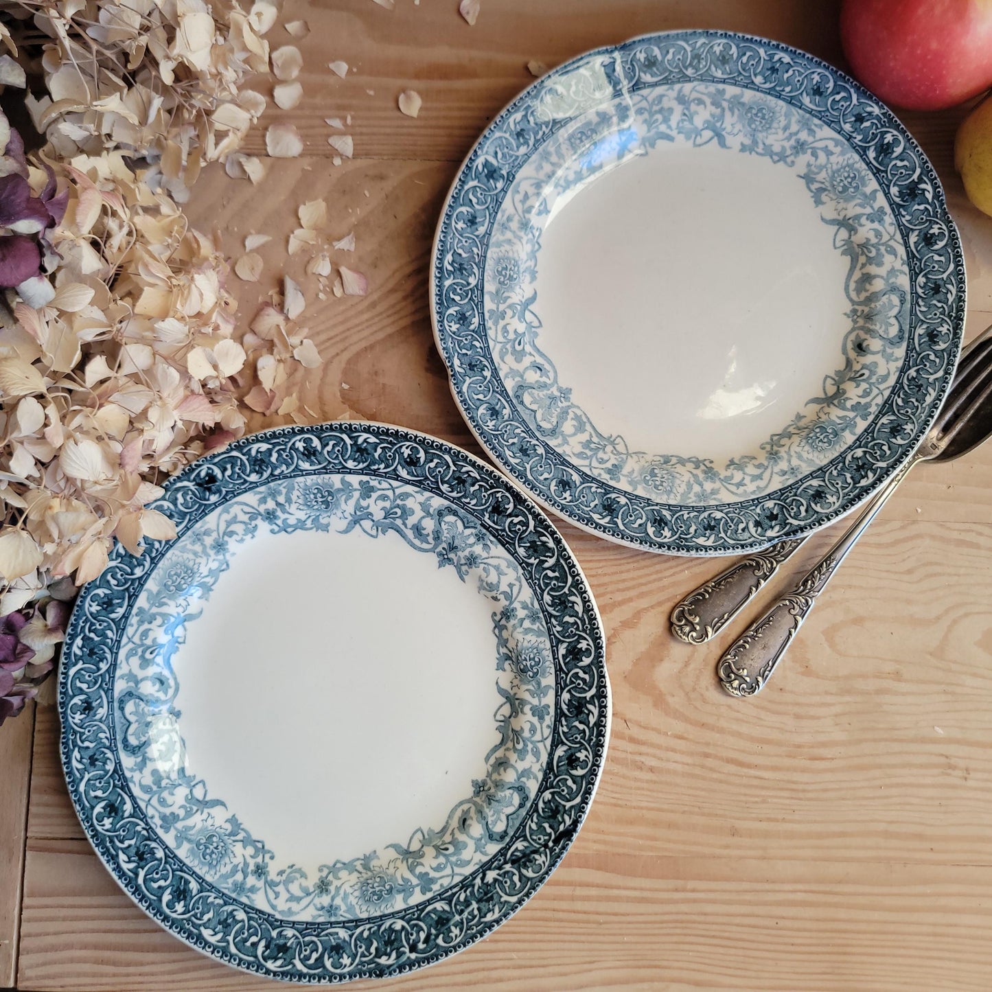 Pair of Choisy-le-Roi Dessert Plates, Teal Transferware with Scalloped Rims, France c.1890