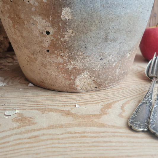 Antique French Confit Pot-two handled stoneware, pale brown part glaze and ecru ground early 1900s